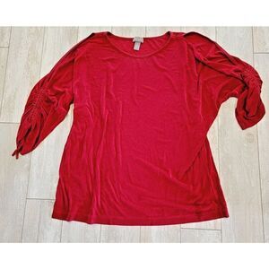 Chico's Travelers 3 Open Sleeve Slinky Top Red Rouched 3/4 Sleeves Stretch‎